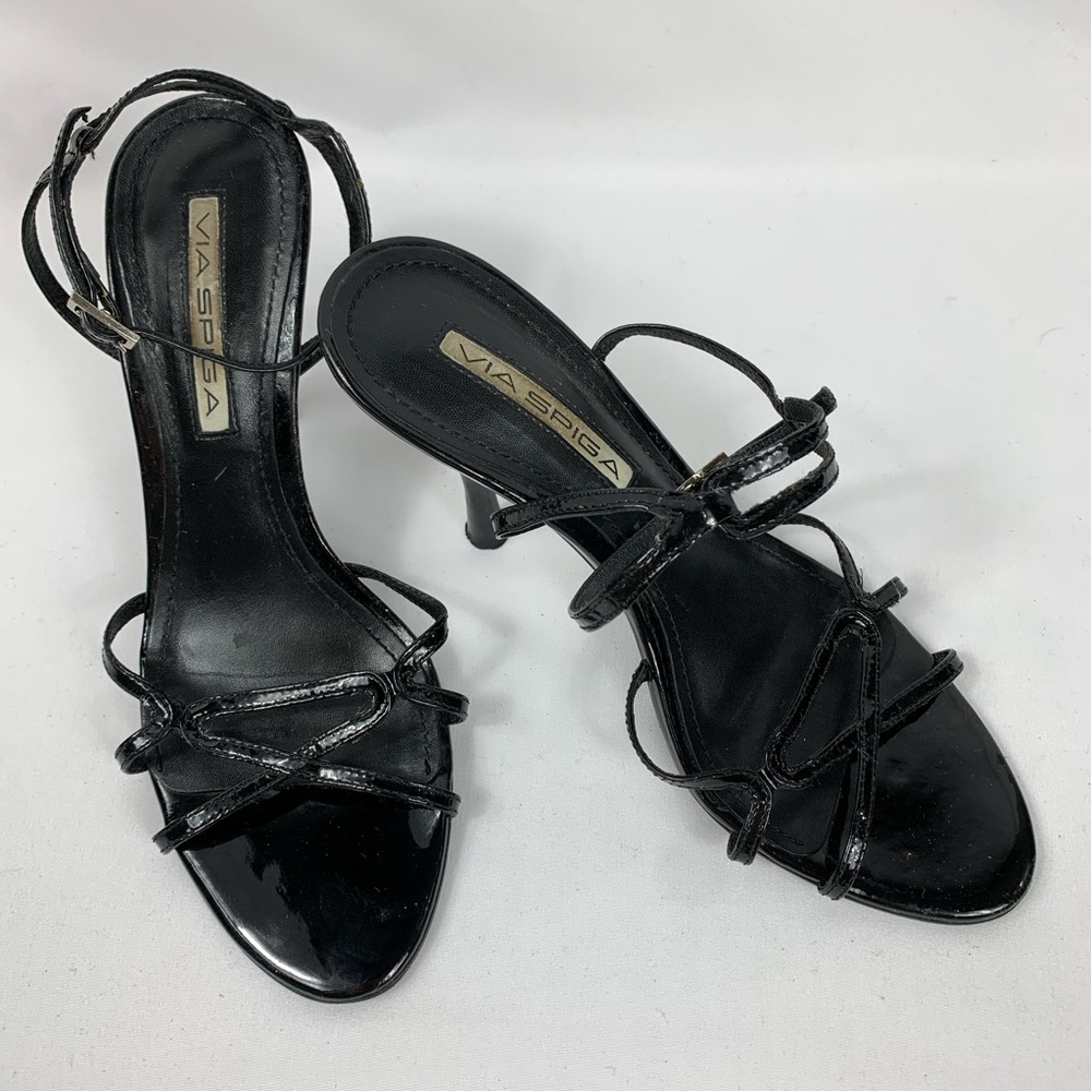 Via Spiga Black Strappy Patent Leather Spool Heel View 2